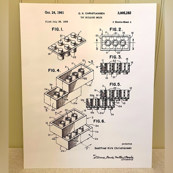 1961 - Lego - Toy Building Brick G. K. Christiansen - Patent Art (Reproduction) - Picture 1 of 5